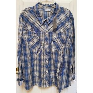 NWT! Catherines Blue Plaid and Paisley Shimmery Blouse